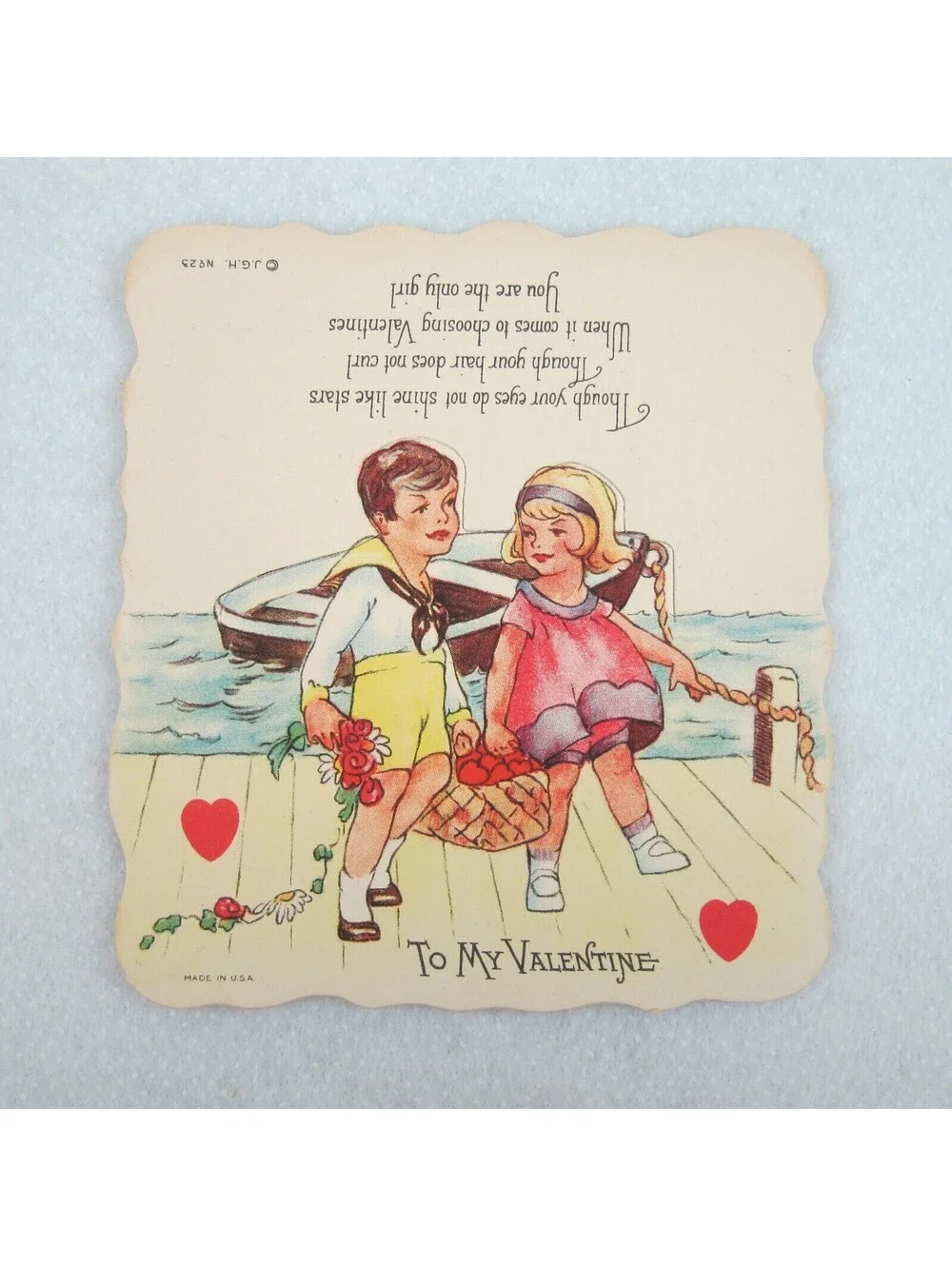 Vintage Valentine Card Cutout Stand Up Boy Sailor Suit Girl at Boat with Basket
